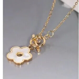 Gold Tone Stainless Steel Flower Toggle Necklace